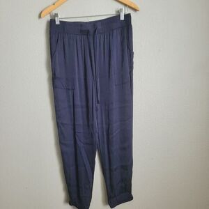 Young Fabulous & Broke Satiny Ankle Joggers Womens L Navy Blue‎ Pockets Pull On
